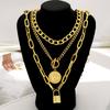 3-delige Gelaagde Ketting Set voor Vrouwen Vintage Elegant Verguld Reliëf Rond Creatief Slot Hanger Kettingen Mode Sieraden