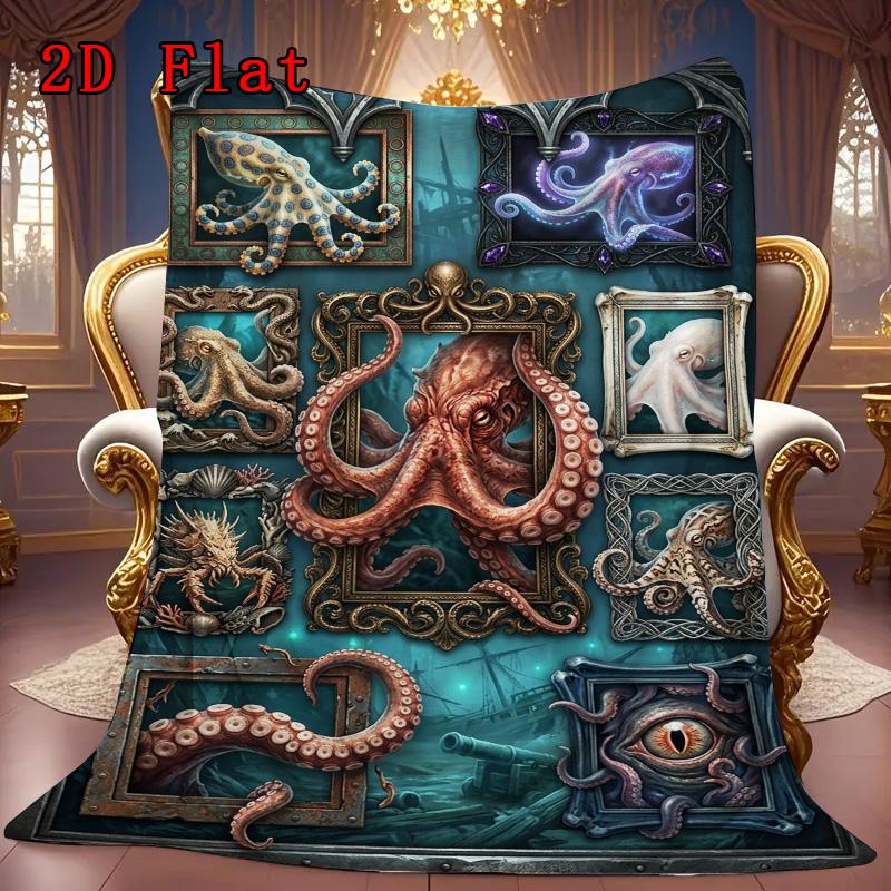 Octopus Collection 2D Flat Pattern Flannel Blanket, High quality All Seasons, Home Decor, Warmth and Comfort, Perfect for Christmas Gifts.