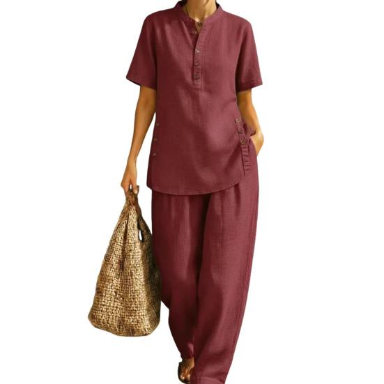 Women's 2 Piece Linen Sets, Short Sleeve Button Up Top And Wide Leg Pants Matching Outfits, Summer Casual Lounge Sets with Pockets