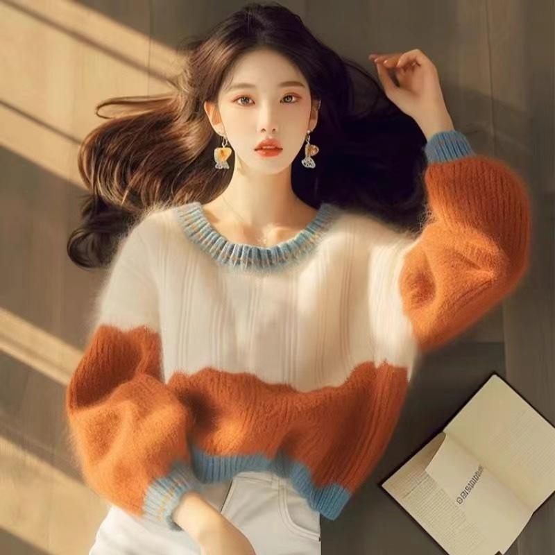 Women's 2025 Autumn/Winter Color-Block Loose Knit Sweater - Korean Lazy Style Long Sleeve