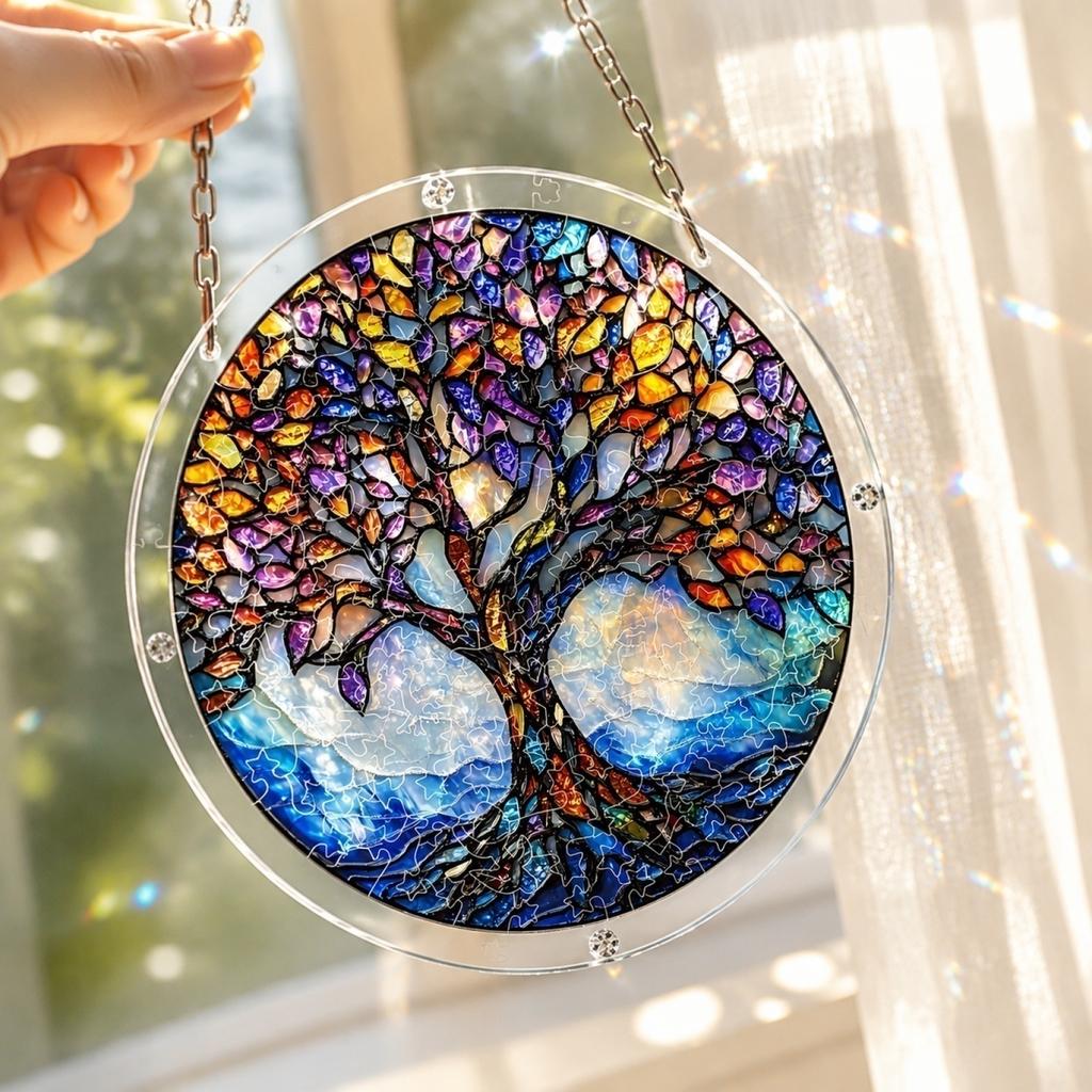 Round Tree of Life Hanging Window Decoration Acrylic Puzzle Sun Catcher Garden Ornament with Chain for Indoor Outdoor Display