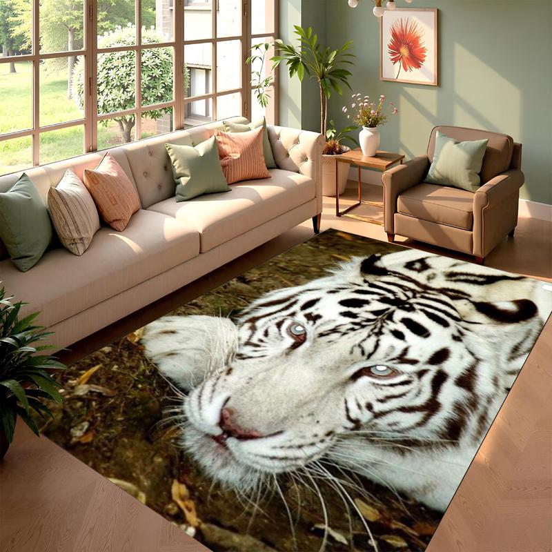 Realistic White Tiger Face Print Area Rug Soft Home Decor Floor Carpet Wildlife Animal Themed Decor Carpet for Living Room