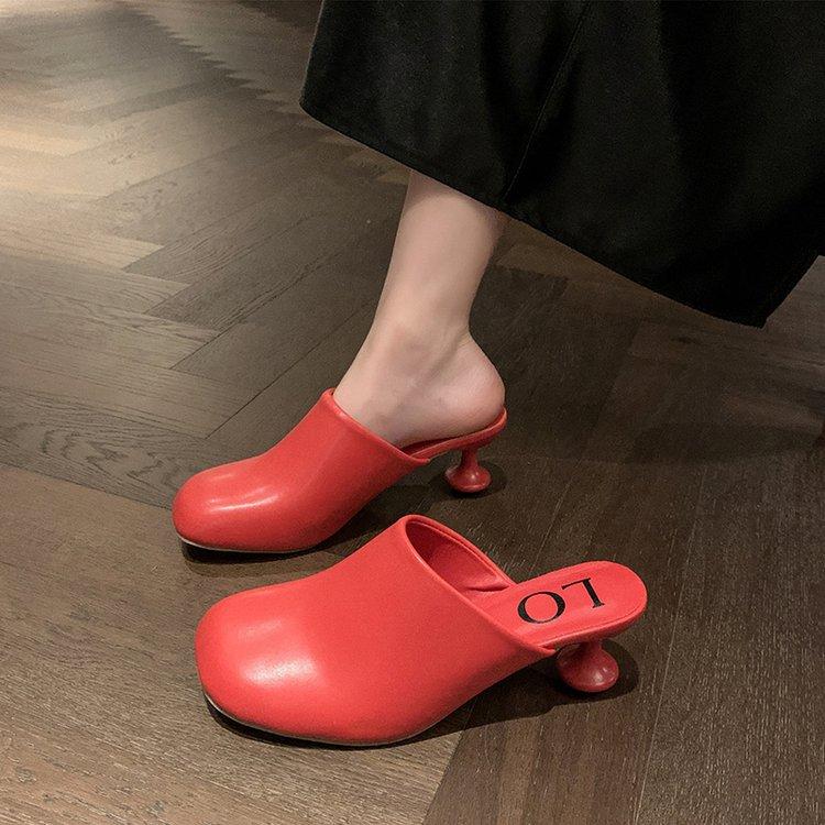 Europe, America 2025 summer and autumn shallow mouth round head middle heel temperament single shoes women wear fashion Muller half drag bag head sand