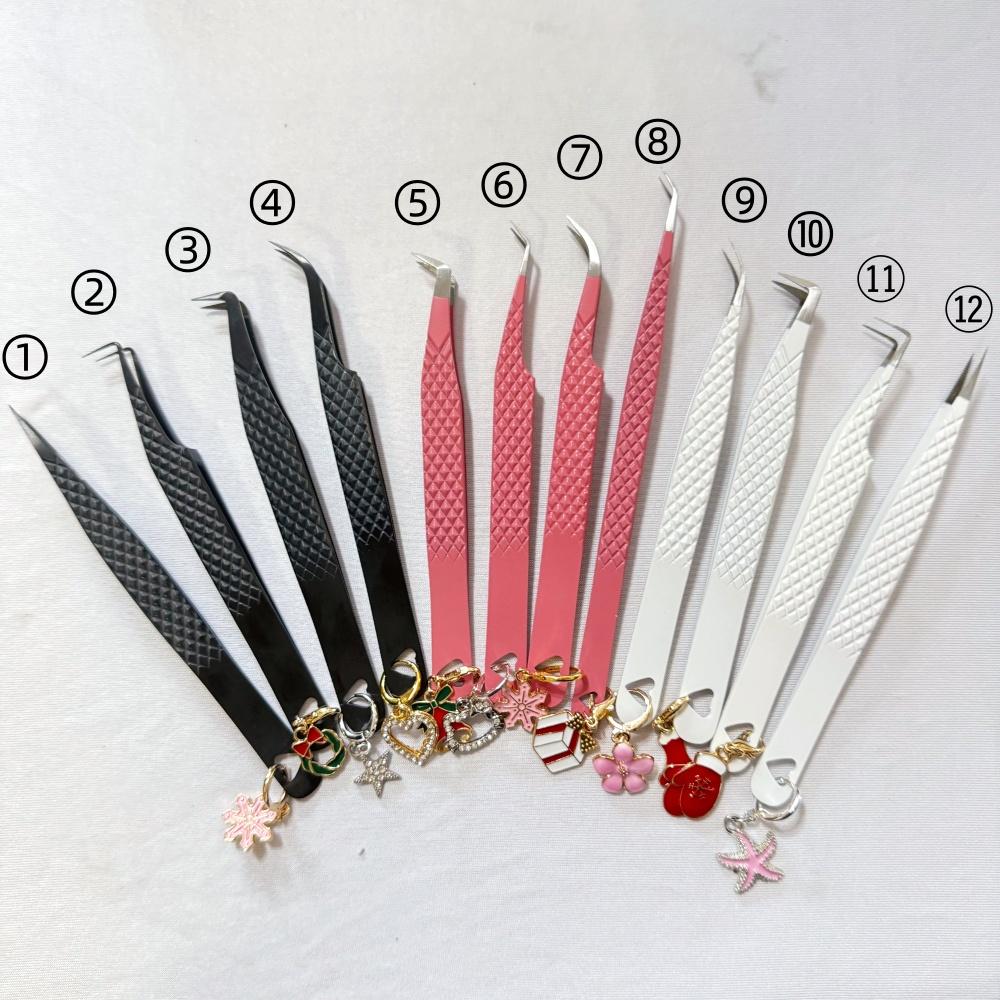 Custom Private Logo Box Stainless Steel Lash Applicator Tweezers Charm Custom Logo Fiber Tips Grip Eyelash Tweezers Pointed&plasticbag