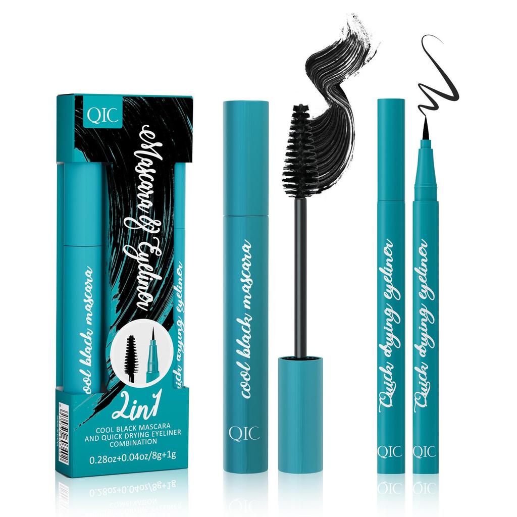 Kit mascara eyeliner QIC scatola verde, mascara waterproof e anti-macchia, base per ciglia lunghe