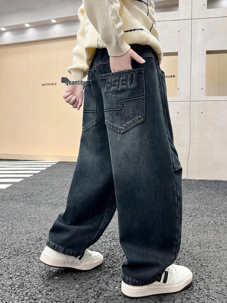 2025 Boys' Plush-Lined Denim Fleece Pants - Winter Wear for Teens and Kids