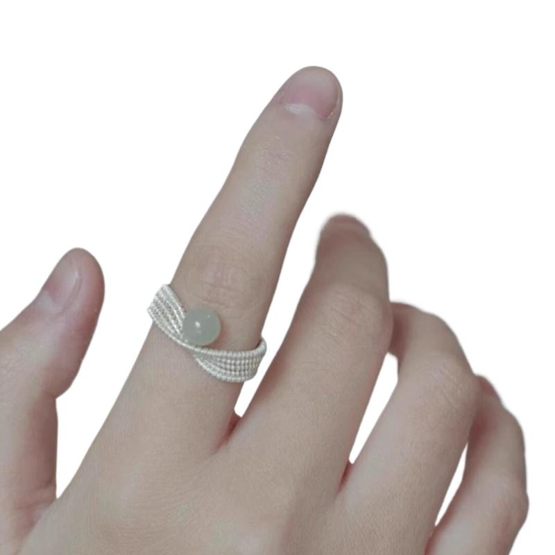 Sterling Silver Braided Line Hotan Jade Ring Female Minority Design National Style Ring