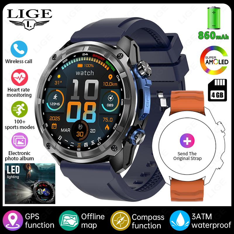 

GPS Offline Map Smart Watch 860mAh Outdoor Sports Compass Altimeter Watches 4GB Memory AMOLED Voice Call 3ATM Men Bracelets GPS-Offline Map синий