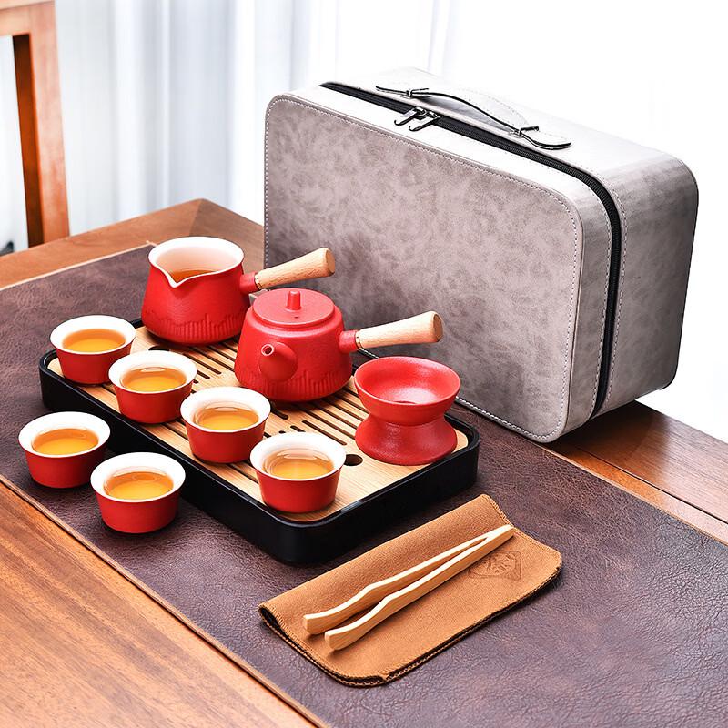 Ceramic Side-Handle Travel Tea Set Bamboo Tray (Grey Gift Box)