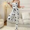 Women's Two-Piece Ice Silk Ribbed Sexy Printed Vest and Bow Decoration Long Pants Home Casual Women's Sleepwear Set