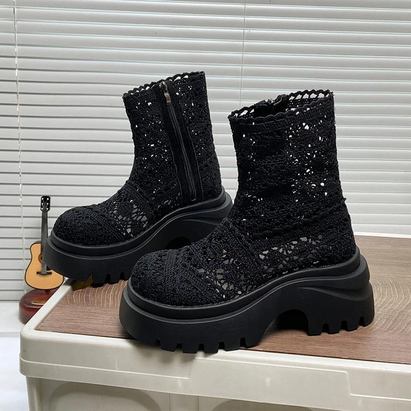 Mesh Ankle High Heel Modern Boots Summer New Solid Round Toe Shoes Female 2026 High Quality Square Heel Breathable Women's Boots