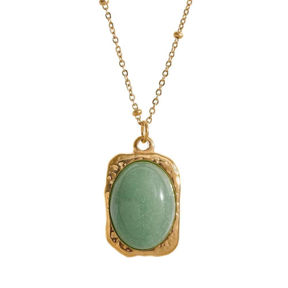 

Yhpup Natural Stone Square Pendant Stainless Steel Necklace Amethyst Green Aventurine Charm Fashion Collar Jewelry Women