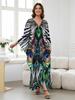 EDOLYNSA 2024 Summer Women's Green Print Loose Kaftan Dress 2024 Boho Cozy V-Neck Batwing Sleeve Beach Long Dresses Sexy Swimsuit Bikini Cover-ups