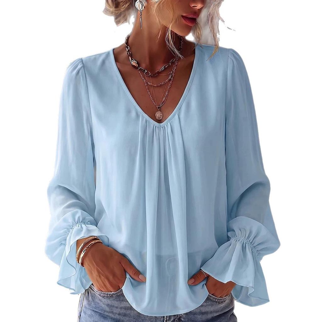 Women S V Neck Loose Fit Solid Color Long Sleeve Shirt
