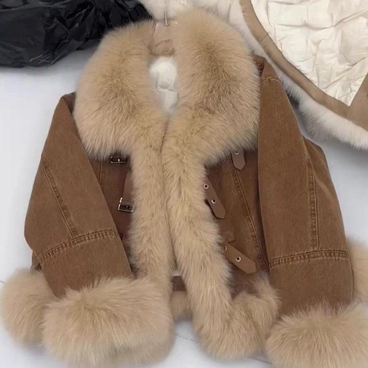 Women's Fur Collar Denim Jackets Warm Long Sleeved Plush Blue Coat Autumn Winter Retro Faux Fur Loose Thick Overcoat