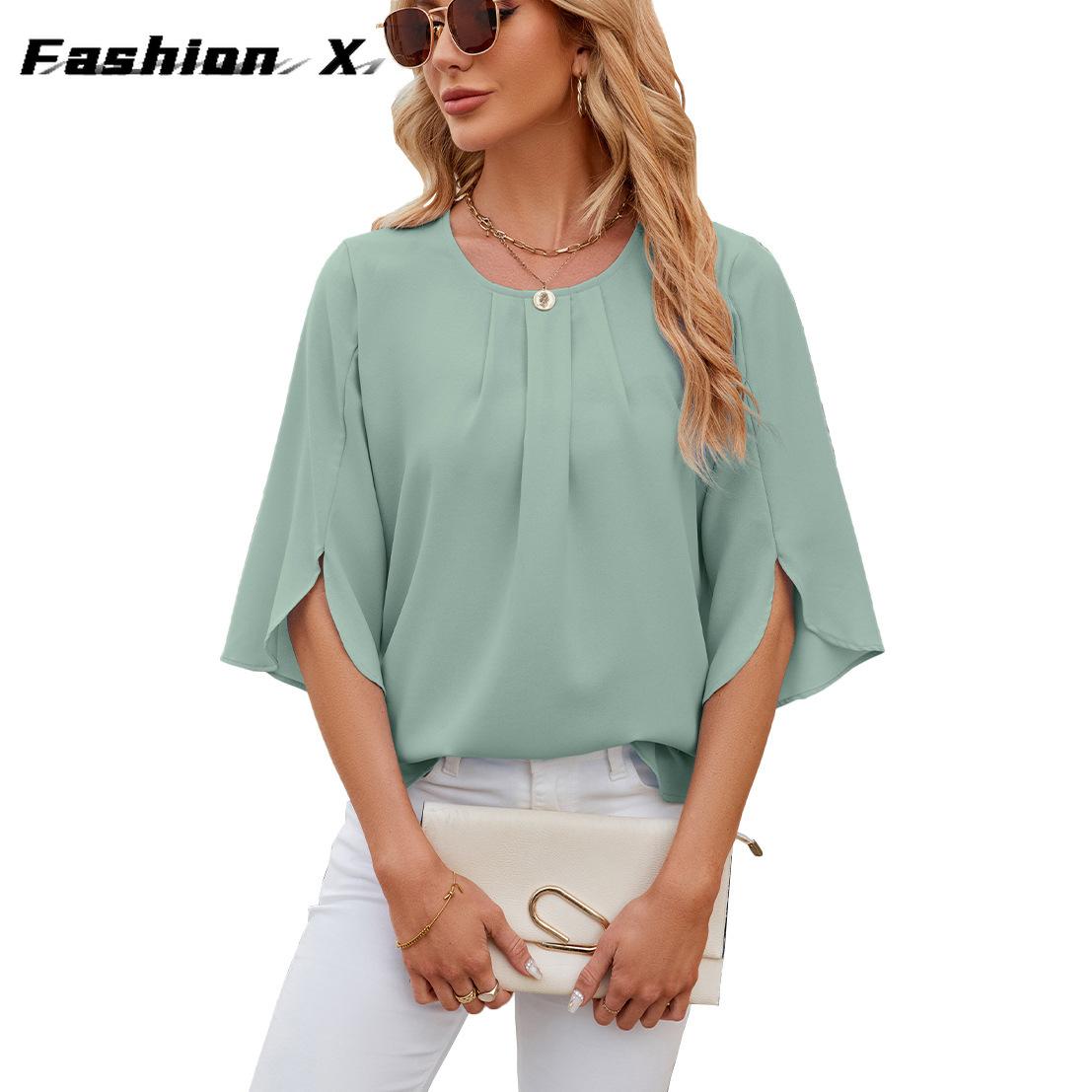 

Сплошная цветная футболка с круглым вырезом, свободная шифоновая рубашка с пятью минутами и короткими рукавами, топы женские L