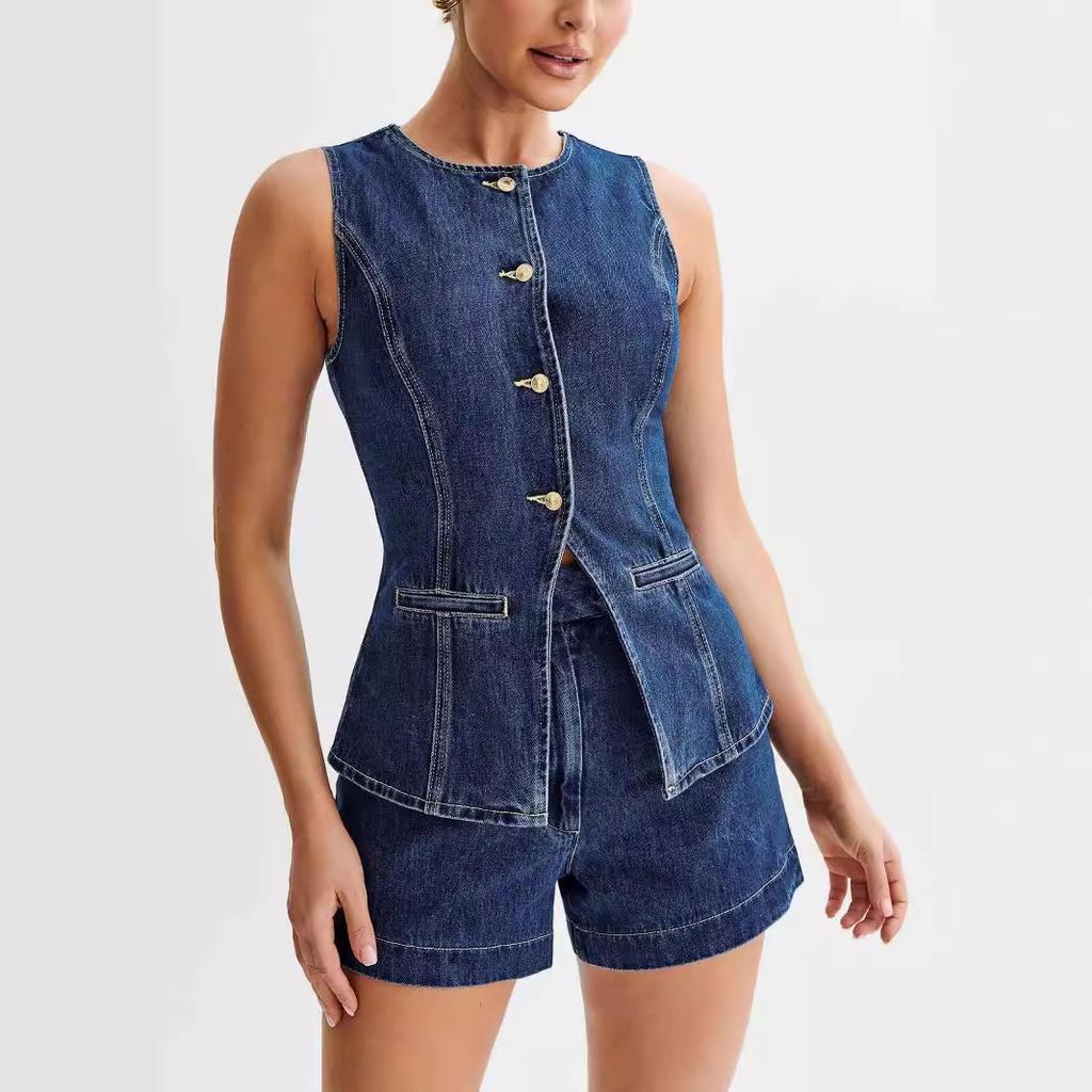 Spring/Summer Fashionable and Casual Sleeveless High - Waisted Denim Set for Women - Button - Down Sleeveless Vest with Pockets + Shorts