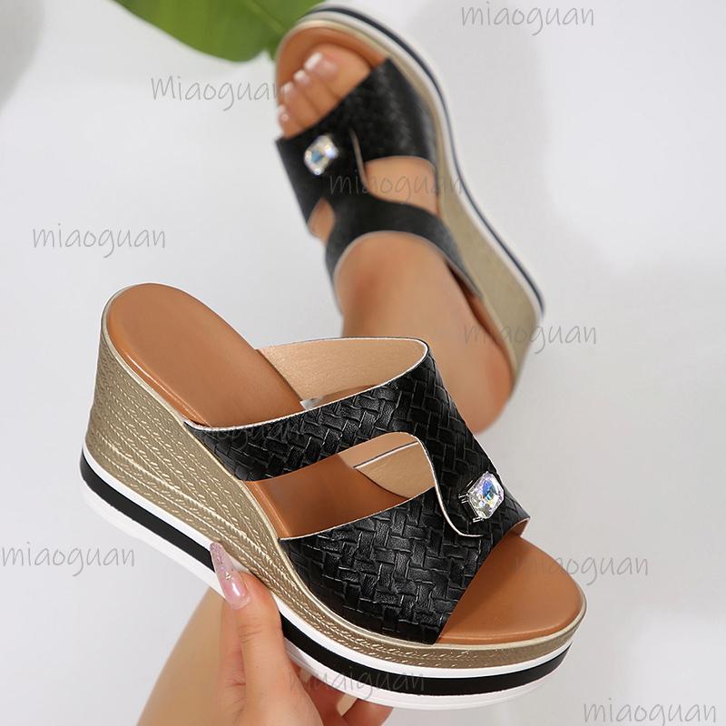 Fashion Gold Silver Wedge Heel Slippers for Women Rhinestone Decor Chunky Platform Sandals Woman Summer Thick Bottom Sandalias De Mujer