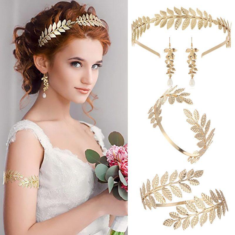 European and American Bride Leaves Headband Greek Baroque Style Golden Leaf Bridal Armband Pearl Earrings