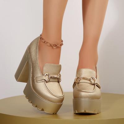 Sapatos de Salto Super Alto de Moda Sapatos de Uma Sola Outono Novo Bico Redondo Boca Rasa Fivela de Metal Plataforma Antiderrapante Resistente ao Desgaste Sapatos de Salto Bloco