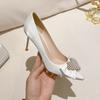Designer Pearls Heart Satin Pumps Women Stiletto High Heels Sexy Pointed Toe Party Dress Pumps White Wedding Shoes Bride