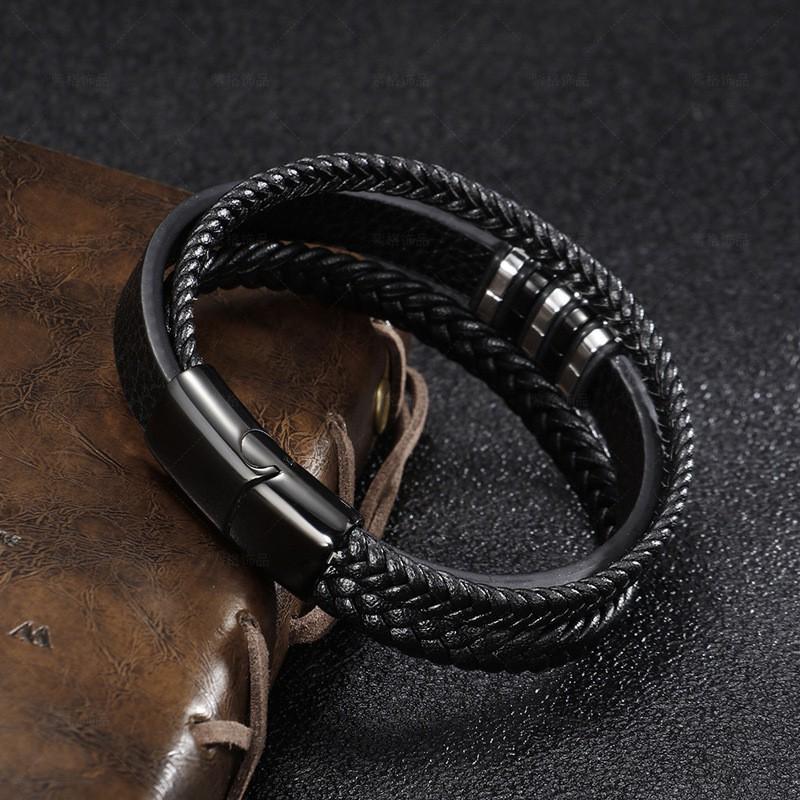 Mens Handwoven Leather Stainless Steel Bracelet Vintage Hip Hop Style Adjustable Length