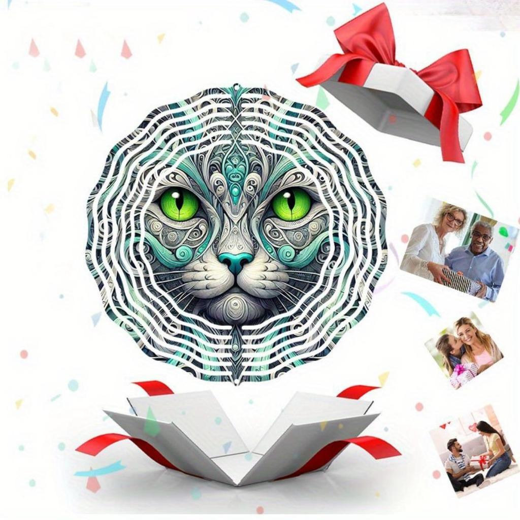 3D Metal Cat Face Wind Chime Handcrafted Kinetic Wind Spinner for Outdoor Patio Balcony Decor Vibrant Teal Turquoise Hanging Art