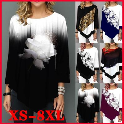 Women Fashion Printed Casual Irregular Hem Round Neck 3/4 Sleeves Plus Size Leopard Print T-Shirt Loose Pullover Autumn Winter Blouse