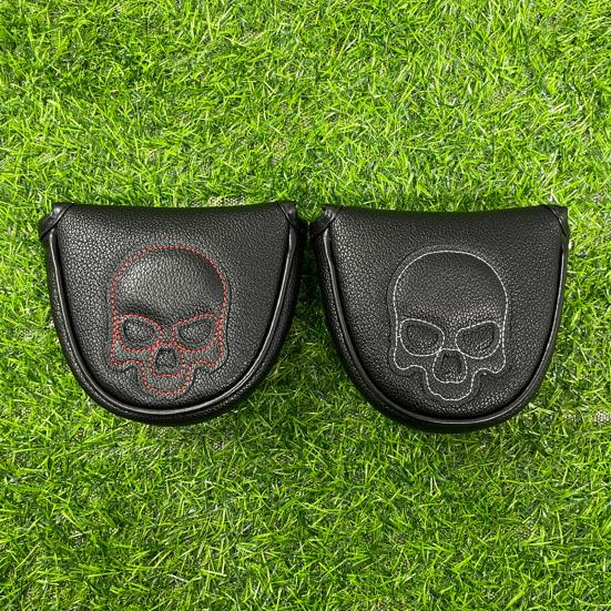 Golf Mallet Putter Cover Magnetic Closure Faux Leather Club Headcover with Skull Pattern for Woods Driver Fairway Hybrid