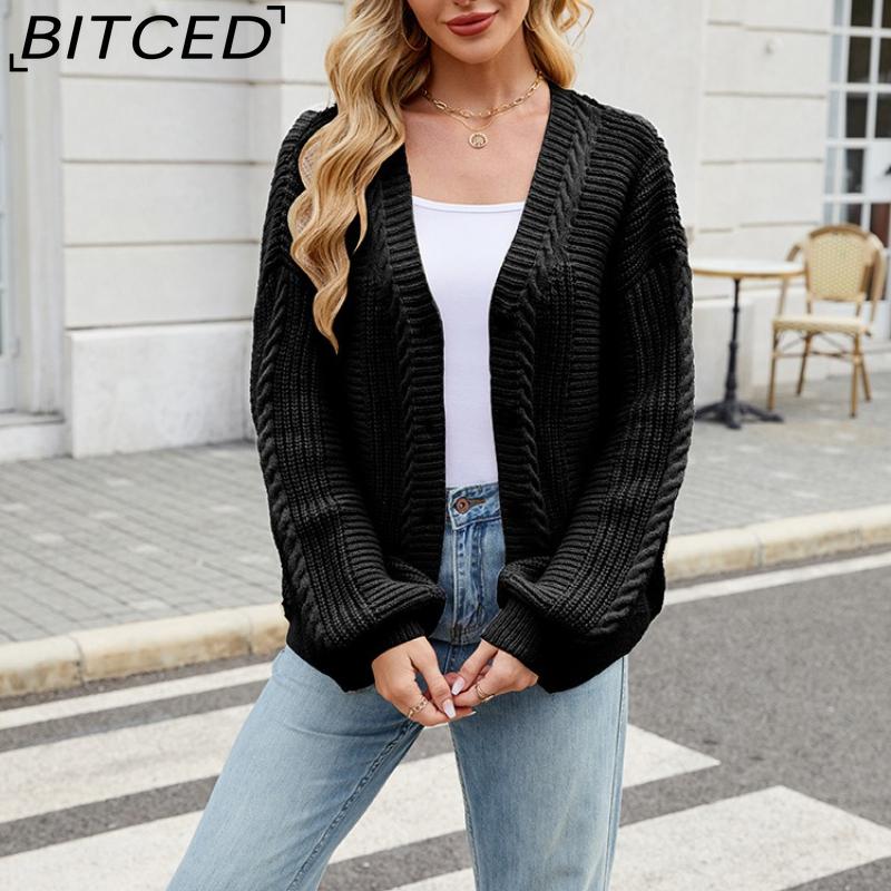 BITCED Relaxed-Fit Oversized Cardigan Autumn/Winter Long-Sleeved V-Neck Cable-Knit Sweater