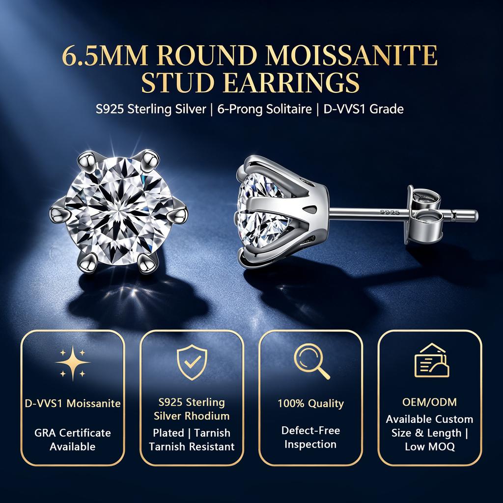Classic 925 Sterling Silver 6.5mm 1ct D Color VVS Round Bright Cut Moissanite Stud Earrings for Men and Women Jewelry