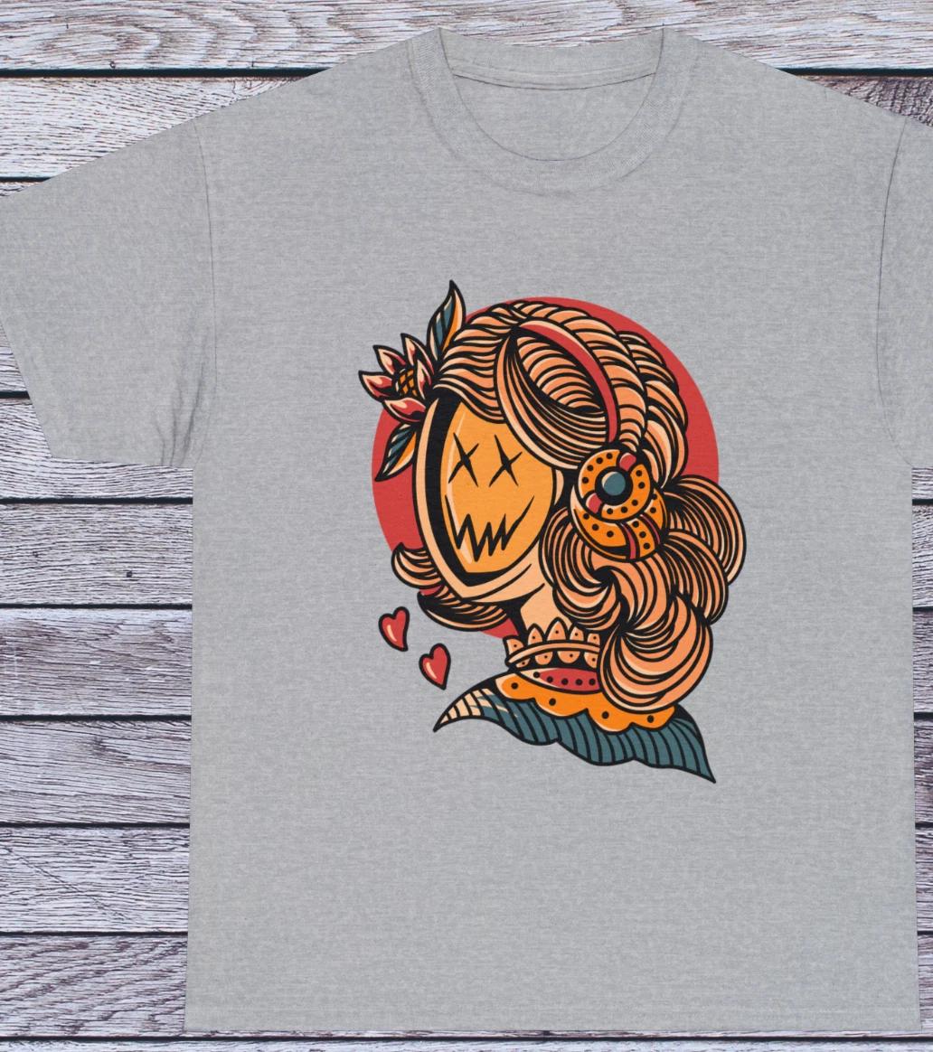 

Vintage Old School Smiling Girl T Shirt, Creepy Gamer Street Tattoo Clothing 4XL
