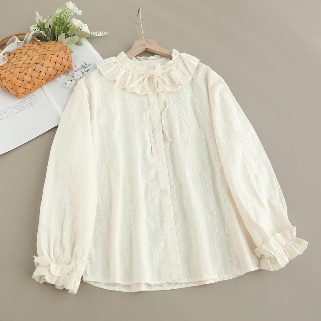 Women's Mori Girl Style Cotton Shirt with Ruffled Lace Collar, Tie-up Long Sleeves, and Heavy Embroidery