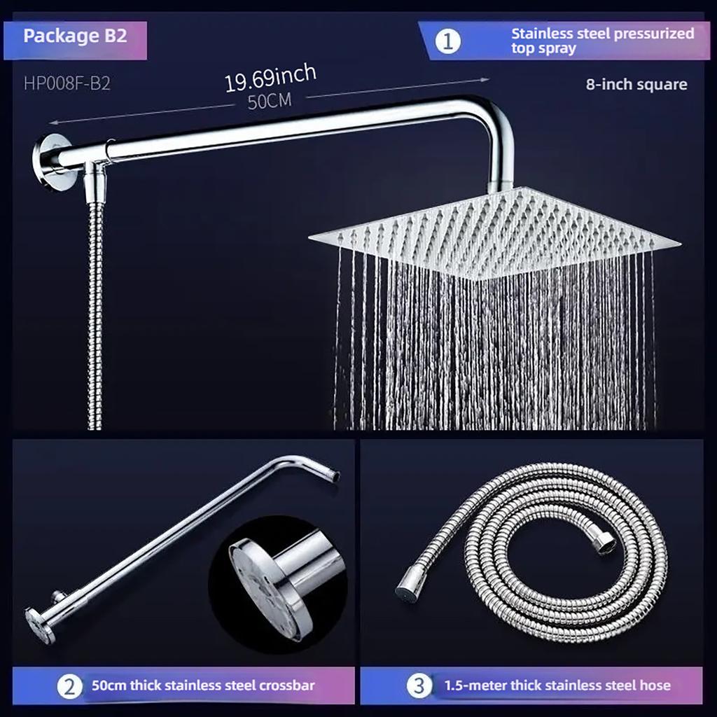 8/10/12 Inch Ultra-thin Wall Mount Rainfall Shower Head With 16inch Stainless Steel Shower Arm 150cm ABS Hose Bathroom Hardware