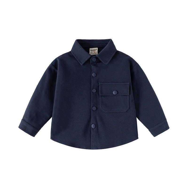 Boys' Long-Sleeved Shirt, Spring and Autumn Children's Solid Color Lapel Cardigan Shirt, Baby Children's Clothing, Casual Pocket Jacket