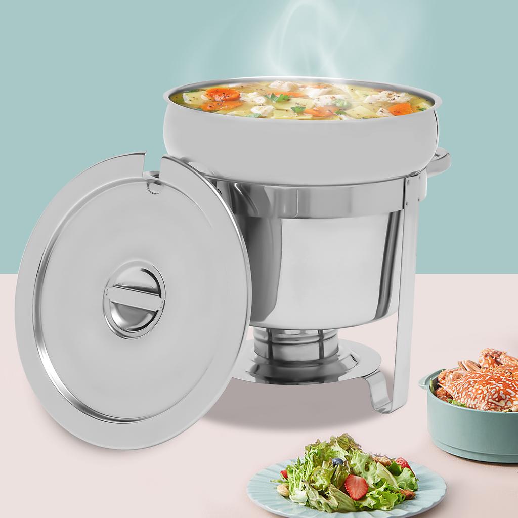 11L/9.9Qt Round Stainless Steel Soup Chafer with Water Pan, Modern Silver Buffet Warmer With Fuel Holder for Catering & Parties