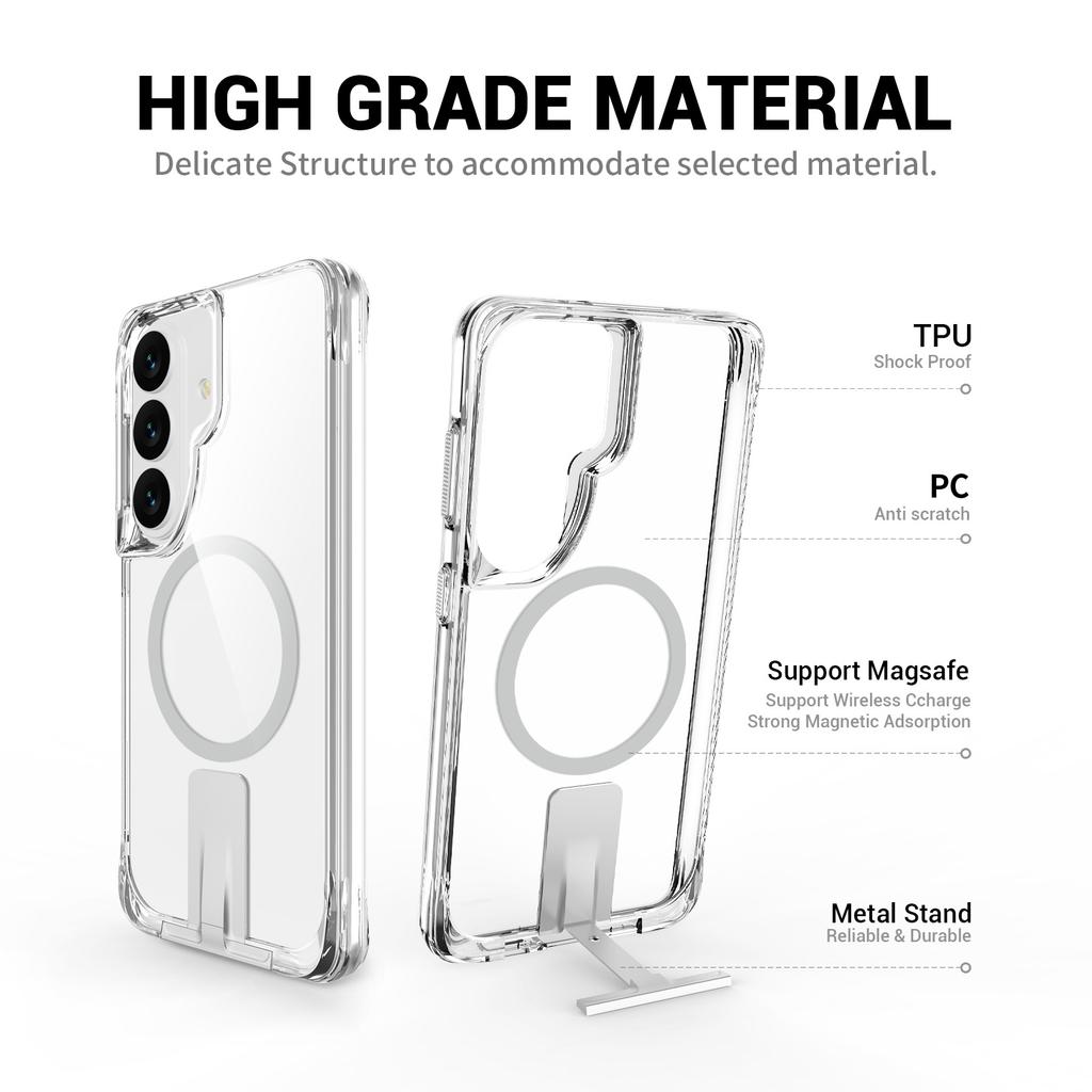 For Samsung Galaxy S26 Ultra Magnetic Case Kickstand Shockproof PC + TPU Clear Phone Cover