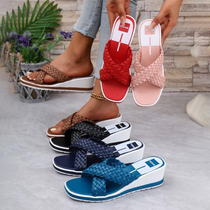 Women's Woven Strap Wedge Sandals, Open Toe Summer Shoes, Plus Size Casual Footwear