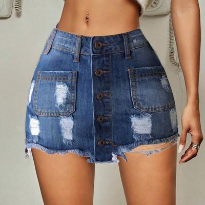 Fusta de denim scurtă europeană și americană pentru femei 2024 Fusta de blugi, stil nou cu piercing, fustă de slăbire și îmbrățișat la șold