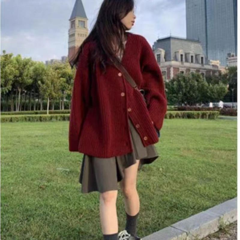 

Solid Color Women s Long Sleeved Cardigan Single Breasted Trendy Female Sweater Jacket Autumn Loose and Warm Ladies Shirt One Size червоний