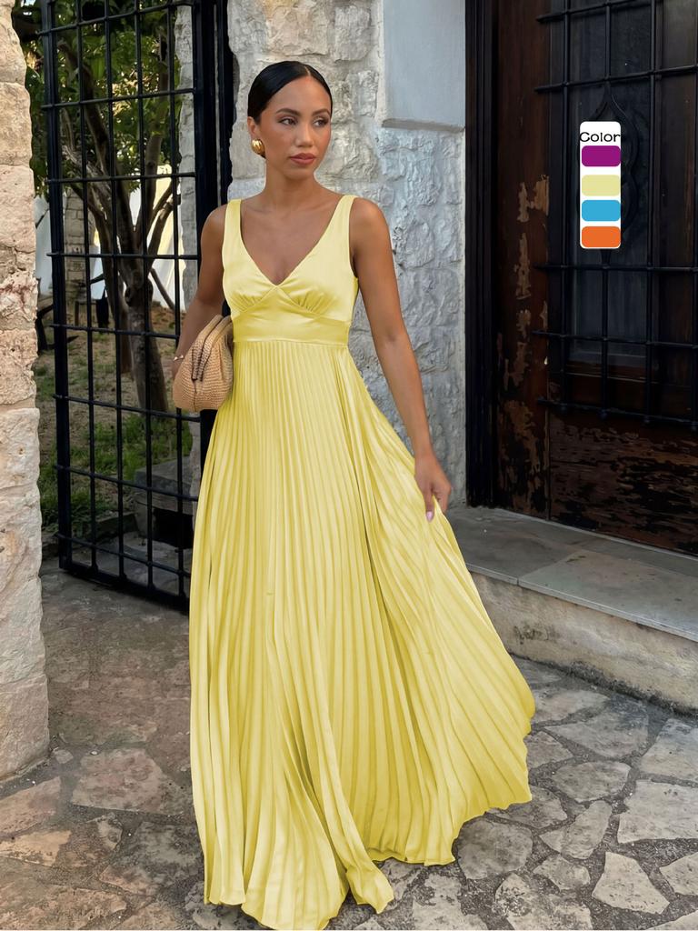 European and American spring and summer dress skirt waist fold suspender V-neck solid color fashion dress
