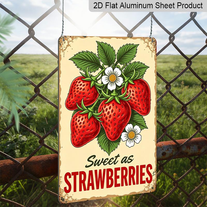 2D Flat, "Sweet As Strawberries" Vintage Aluminum Sign - Retro Fruit Wall Decor Kitchen Decor, Pantry, Farmhouse Decor, Cottage Decor, Fruit Stand