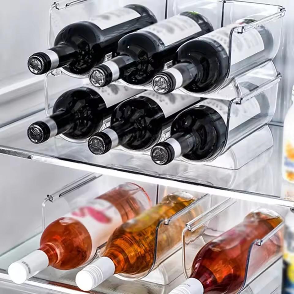 Clear Refrigerator Wine and Water Bottle Holder, Stackable Plastic Wine Rack Storage Organizer for Fridge, Cabinet, Pantry