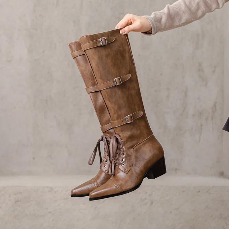 Fashion New Cowhide Cross Tie Straps Belt Buckle Knee High Boots Women Sexy Hot Girl Pole Dance 5.5cm High-heeled Knight Boots Size 40