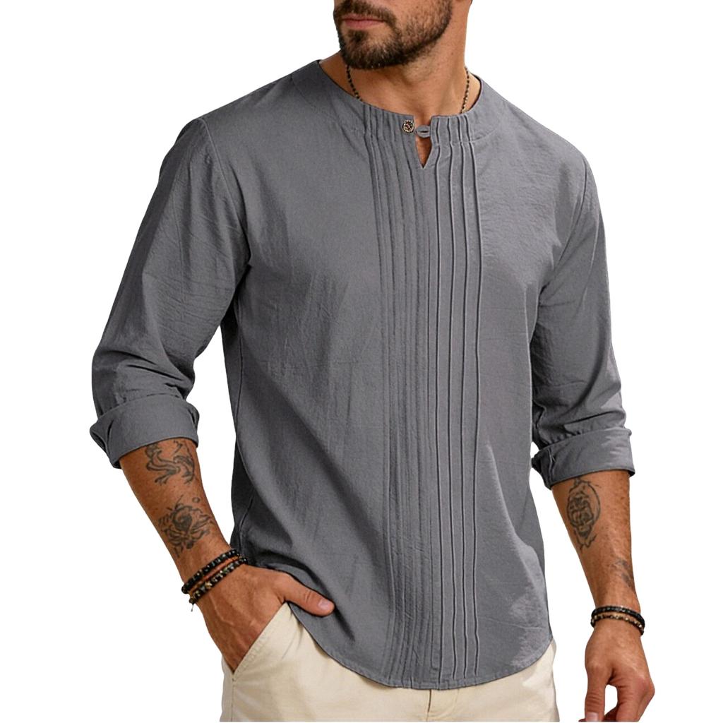 Men's Color Round Neck Long Sleeve Loose Fit Pullover Casual Cotton Linen Top