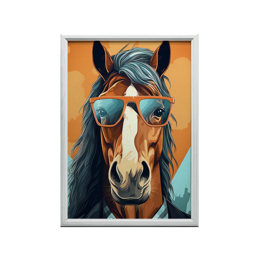 Stylish Horse With Glasses Stylish Horse With Glasses, 50X70 Cm, Dark Brown Wooden Frame, 230 Gsm Matte Paper