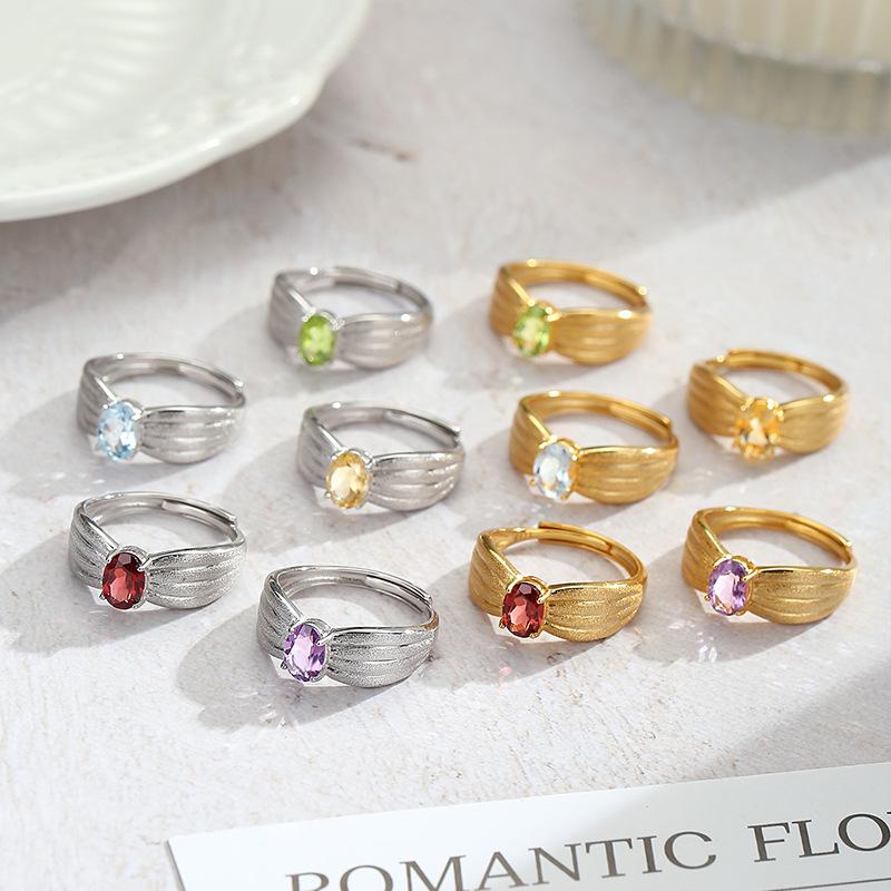 High-end Inlaid Natural Crystal Stone Jewelry Women's French Wire Drawing Process S925 Sterling Silver Niche Light Luxury Ring Women