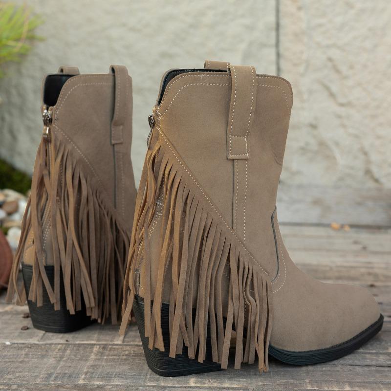 Boots Autumn New Round Toe Suede Tassel Rear Zipper Soft Sole Anti-Slip Wear-Resistant Pumps