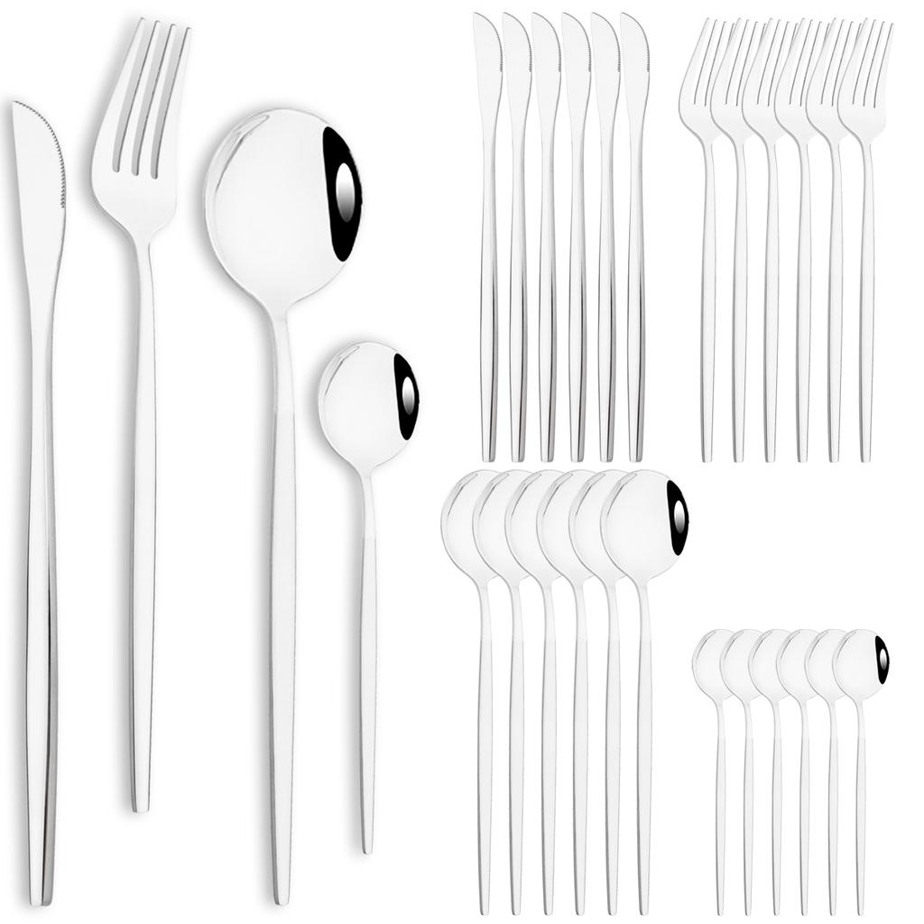 24pcs Stainless Steel Cutlery Set Knife Coffee Spoon Fork Dinnerware Set Mirror Durable Flatware Western Party Kitchen Tableware