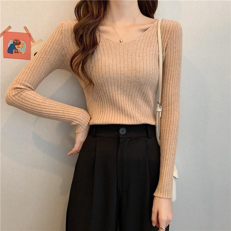 Damen V-Ausschnitt Pullover Slim Pullover Eng Langärmlig Einfarbig Einheitsgröße Strickware Frühling Herbst Pendeln